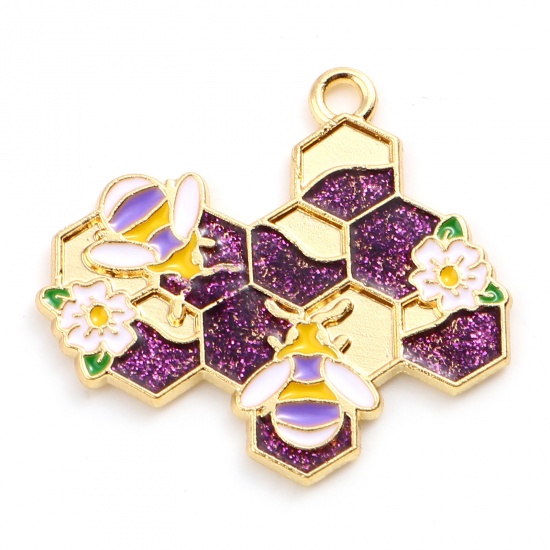 Picture of Zinc Based Alloy Insect Pendants Dainty Beehive Gold Plated Purple Bee Glitter 3cm x 2.8cm, 10 PCs