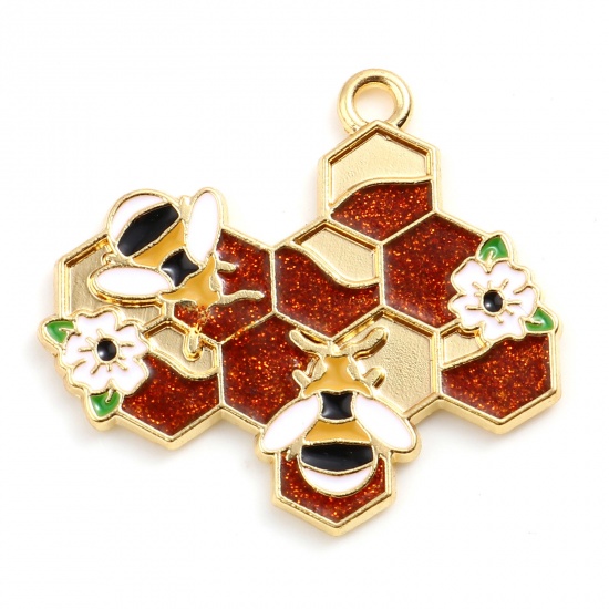 Picture of Zinc Based Alloy Insect Pendants Dainty Beehive Gold Plated Golden Brown Bee Glitter 3cm x 2.8cm, 10 PCs