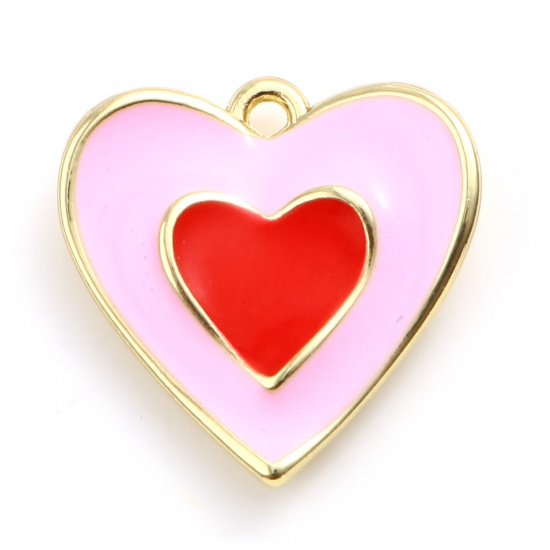 Immagine di Lega di Zinco San Valentino Charms Cuore Oro Placcato Rosa Smalto 19mm x 18mm , 10 Pz