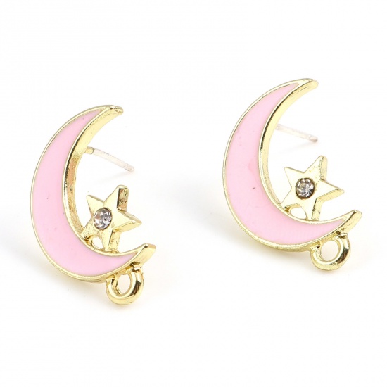 Picture of Zinc Based Alloy Galaxy Ear Post Stud Earrings Findings Half Moon Gold Plated Pink Star W/ Loop Clear Rhinestone 20mm x 12mm, 6 PCs