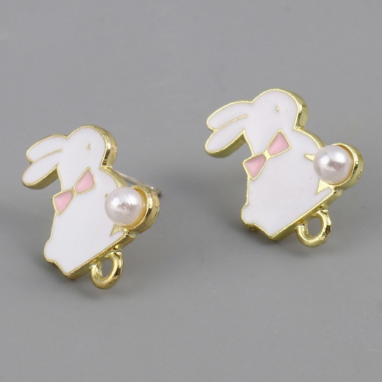 Picture of Zinc Based Alloy & Acrylic Ear Post Stud Earrings Findings Rabbit Animal Gold Plated Pink W/ Loop 21mm x 15mm, 6 PCs