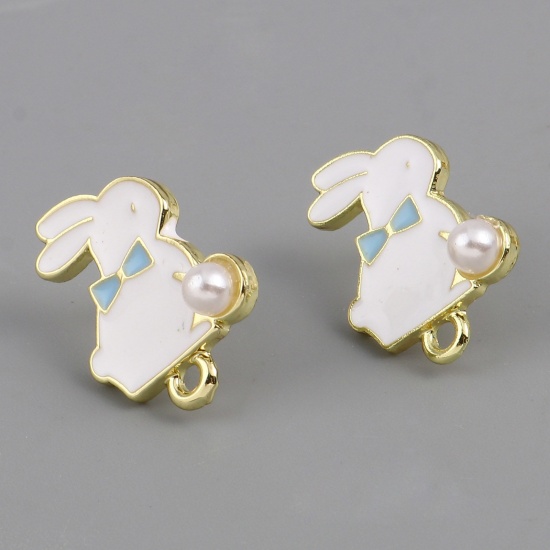 Picture of Zinc Based Alloy & Acrylic Ear Post Stud Earrings Findings Rabbit Animal Gold Plated Blue W/ Loop 21mm x 15mm, 6 PCs