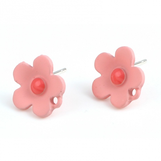 Picture of Zinc Based Alloy Ear Post Stud Earrings Findings Flower Pink W/ Loop 12mm x 12mm, 10 PCs