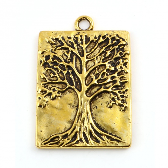 Picture of Zinc Based Alloy Religious Pendants Rectangle Gold Tone Antique Gold Tree of Life 32mm x 22mm, 5 PCs