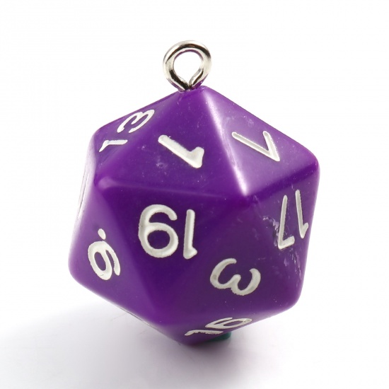 Picture of Acrylic Charms Dice Silver Tone Purple 27mm x 21mm, 5 PCs