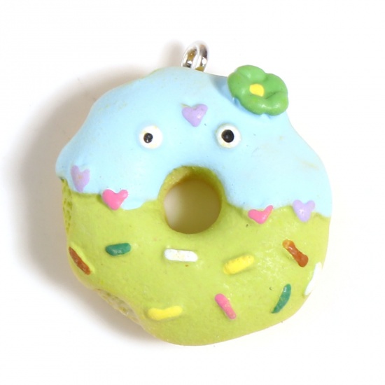 Picture of Resin Charms Donut Silver Tone Blue & Green 26mm x 23mm - 24mm x 21mm, 5 PCs