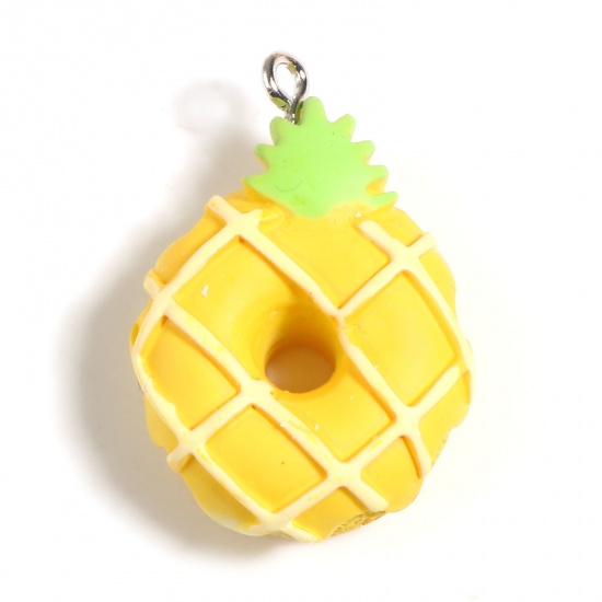 Picture of Resin Charms Donut Pineapple Silver Tone Yellow 26mm x 23mm - 24mm x 21mm, 5 PCs