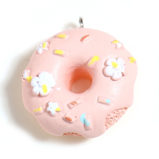 Picture of Resin Charms Donut Flower Silver Tone Pink 26mm x 23mm - 24mm x 21mm, 5 PCs