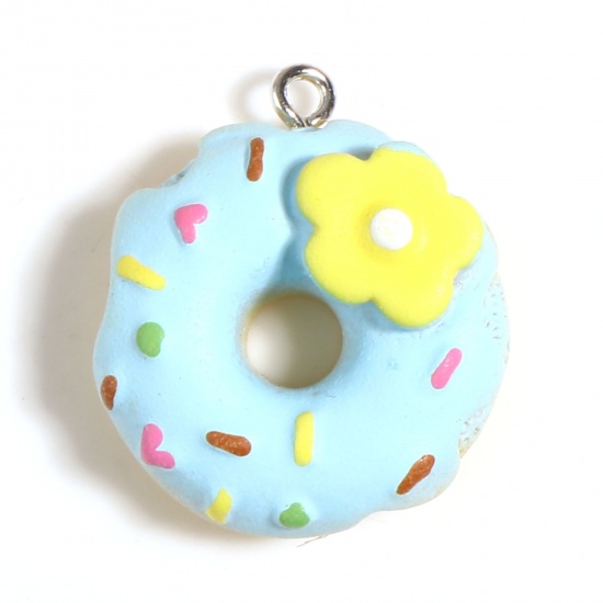 Picture of Resin Charms Donut Flower Silver Tone Blue 26mm x 23mm - 24mm x 21mm, 5 PCs