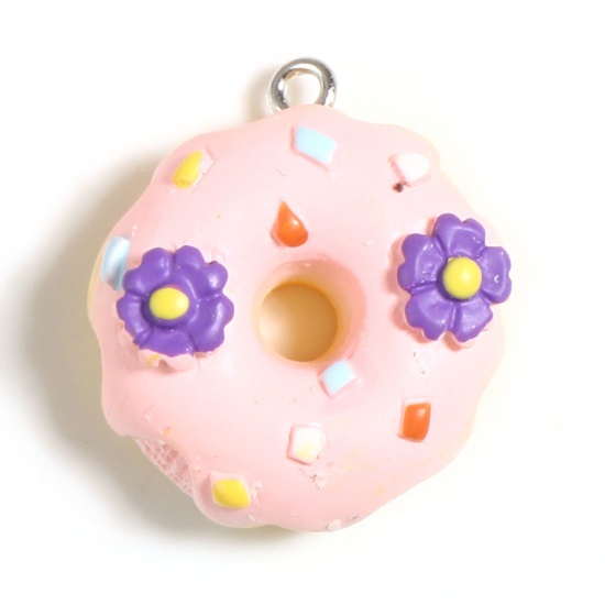 Picture of Resin Charms Donut Flower Silver Tone Dark Pink 26mm x 23mm - 24mm x 21mm, 5 PCs