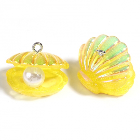 Picture of Acrylic & Resin Ocean Jewelry Charms Scallop Silver Tone Yellow AB Rainbow Color Imitation Pearl 23mm x 18mm, 10 PCs