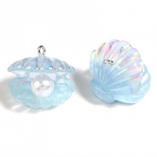 Picture of Acrylic & Resin Ocean Jewelry Charms Scallop Silver Tone Blue AB Rainbow Color Imitation Pearl 23mm x 18mm, 10 PCs