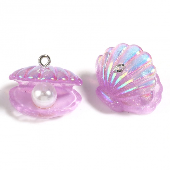 Picture of Acrylic & Resin Ocean Jewelry Charms Scallop Silver Tone Purple AB Rainbow Color Imitation Pearl 23mm x 18mm, 10 PCs