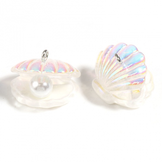 Picture of Acrylic & Resin Ocean Jewelry Charms Scallop Silver Tone White AB Rainbow Color Imitation Pearl 23mm x 18mm, 10 PCs