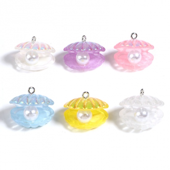 Picture of Acrylic & Resin Ocean Jewelry Charms Scallop Silver Tone At Random Color Mixed AB Rainbow Color Imitation Pearl 23mm x 18mm, 10 PCs
