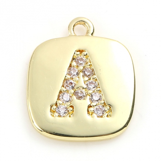 Picture of Brass Micro Pave Charms Gold Plated Square Initial Alphabet/ Capital Letter Message " A " Clear Cubic Zirconia 10mm x 9mm,                                                                                                                                    