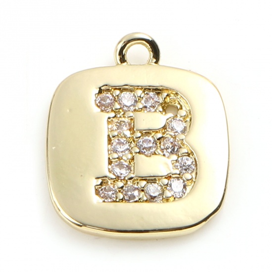 Picture of Brass Micro Pave Charms Gold Plated Square Initial Alphabet/ Capital Letter Message " B " Clear Cubic Zirconia 10mm x 9mm,                                                                                                                                    