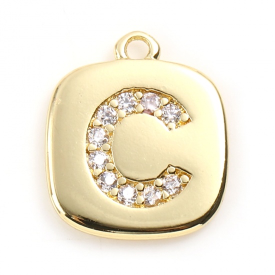 Picture of Brass Micro Pave Charms Gold Plated Square Initial Alphabet/ Capital Letter Message " C " Clear Cubic Zirconia 10mm x 9mm,                                                                                                                                    