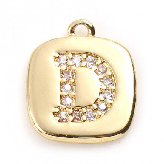 Picture of Brass Micro Pave Charms Gold Plated Square Initial Alphabet/ Capital Letter Message " D " Clear Cubic Zirconia 10mm x 9mm,                                                                                                                                    