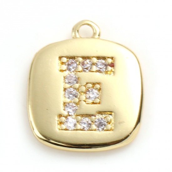 Picture of Brass Micro Pave Charms Gold Plated Square Initial Alphabet/ Capital Letter Message " E " Clear Cubic Zirconia 10mm x 9mm,                                                                                                                                    