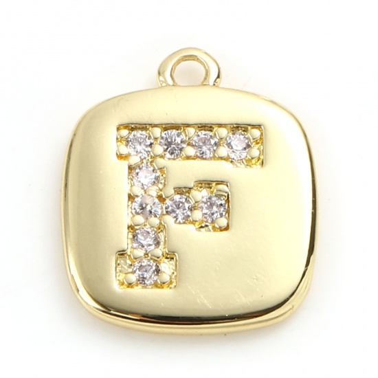 Picture of Brass Micro Pave Charms Gold Plated Square Initial Alphabet/ Capital Letter Message " F " Clear Cubic Zirconia 10mm x 9mm,                                                                                                                                    