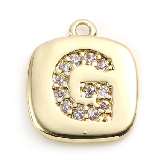 Picture of Brass Micro Pave Charms Gold Plated Square Initial Alphabet/ Capital Letter Message " G " Clear Cubic Zirconia 10mm x 9mm,                                                                                                                                    