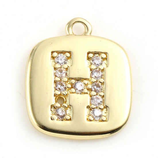 Picture of Brass Micro Pave Charms Gold Plated Square Initial Alphabet/ Capital Letter Message " H " Clear Cubic Zirconia 10mm x 9mm,                                                                                                                                    