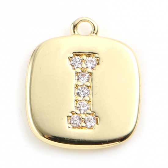 Picture of Brass Micro Pave Charms Gold Plated Square Initial Alphabet/ Capital Letter Message " I " Clear Cubic Zirconia 10mm x 9mm,                                                                                                                                    