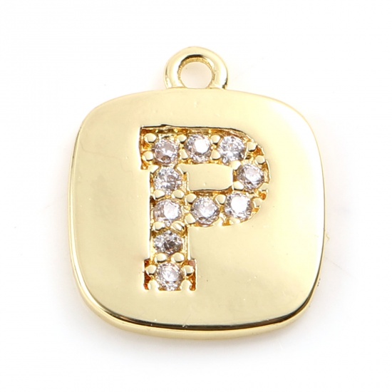 Picture of Brass Micro Pave Charms Gold Plated Square Initial Alphabet/ Capital Letter Message " P " Clear Cubic Zirconia 10mm x 9mm,                                                                                                                                    