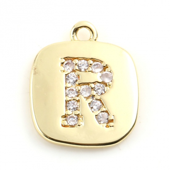 Picture of Brass Micro Pave Charms Gold Plated Square Initial Alphabet/ Capital Letter Message " R " Clear Cubic Zirconia 10mm x 9mm,                                                                                                                                    