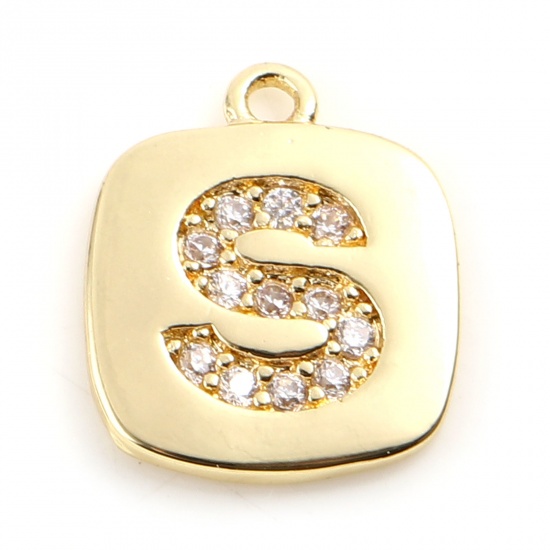Picture of Brass Micro Pave Charms Gold Plated Square Initial Alphabet/ Capital Letter Message " S " Clear Cubic Zirconia 10mm x 9mm,                                                                                                                                    