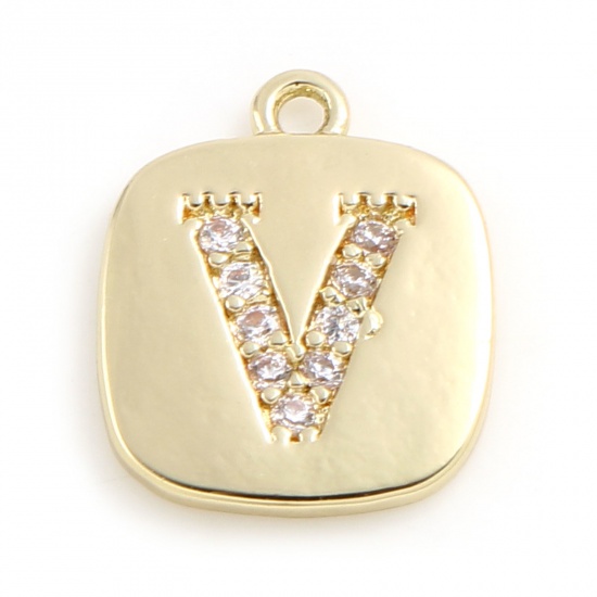 Picture of Brass Micro Pave Charms Gold Plated Square Initial Alphabet/ Capital Letter Message " V " Clear Cubic Zirconia 10mm x 9mm,                                                                                                                                    
