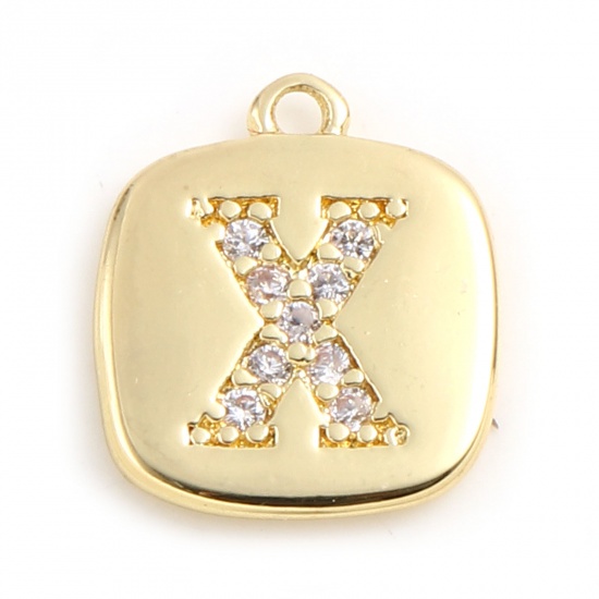 Picture of Brass Micro Pave Charms Gold Plated Square Initial Alphabet/ Capital Letter Message " X " Clear Cubic Zirconia 10mm x 9mm,                                                                                                                                    