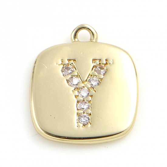 Picture of Brass Micro Pave Charms Gold Plated Square Initial Alphabet/ Capital Letter Message " Y " Clear Cubic Zirconia 10mm x 9mm,                                                                                                                                    