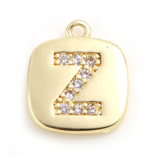 Picture of Brass Micro Pave Charms Gold Plated Square Initial Alphabet/ Capital Letter Message " Z " Clear Cubic Zirconia 10mm x 9mm,                                                                                                                                    