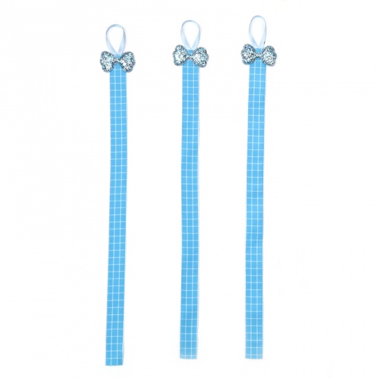 Picture of Fabric Hair Holder Clip Organizer Wall Hanging Decoration Hair Clips Hanger For Baby Girls Room White & Blue Bowknot Grid Checker Sequins 52cm long - 50cm long, 2 PCs