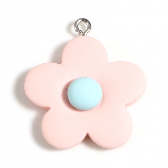 Picture of Resin Charms Flower Silver Tone Light Pink 29mm x 25mm, 10 PCs