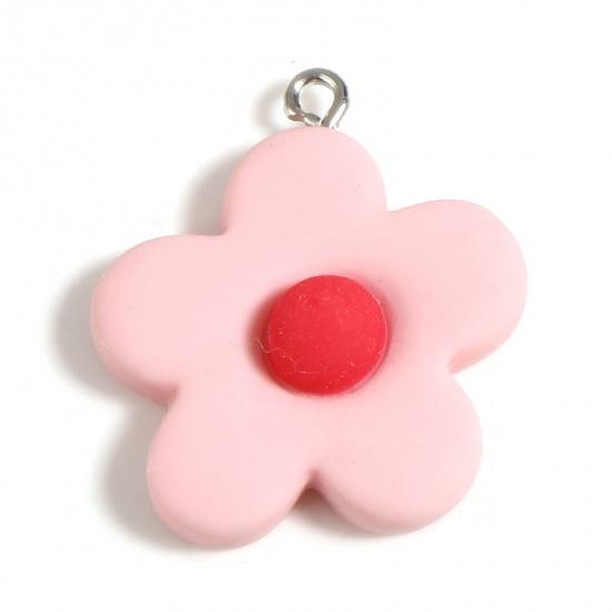 Picture of Resin Charms Flower Silver Tone Pink 29mm x 25mm, 10 PCs