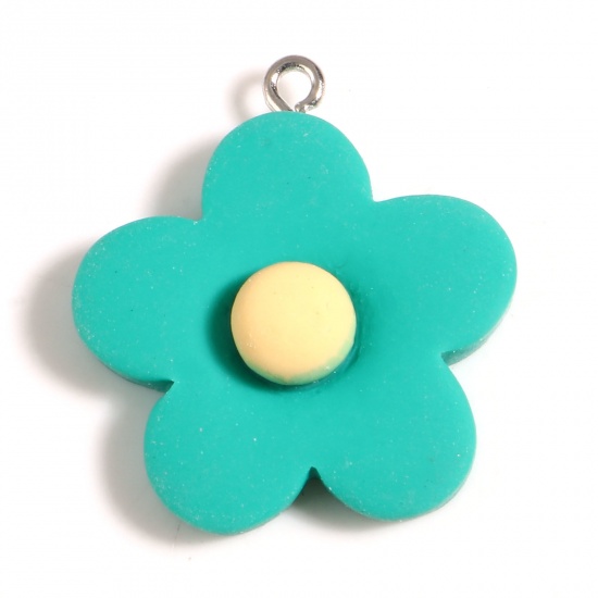 Picture of Resin Charms Flower Silver Tone Green 29mm x 25mm, 10 PCs