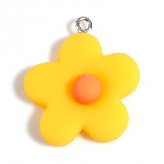Picture of Resin Charms Flower Silver Tone Pale Yellow 29mm x 25mm, 10 PCs