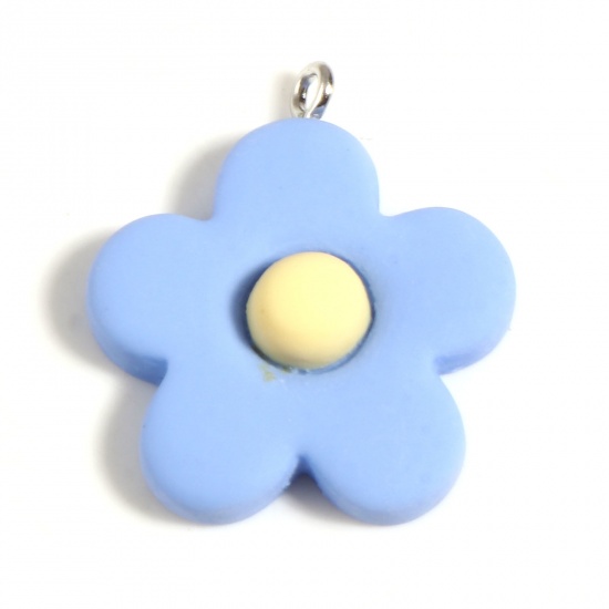 Picture of Resin Charms Flower Silver Tone Blue 29mm x 25mm, 10 PCs