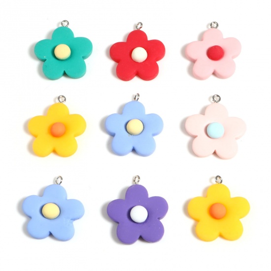 Picture of Resin Charms Flower Silver Tone At Random Color Mixed 29mm x 25mm, 10 PCs