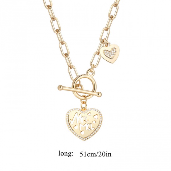 Picture of 1 Piece Eco-friendly Vacuum Plating Stylish Valentine's Day 18K Real Gold Plated Copper & Rhinestone Paperclip Chain Heart Message " Mama " Hollow Pendant Necklace For Women Mother's Day 51cm(20 1/8") long