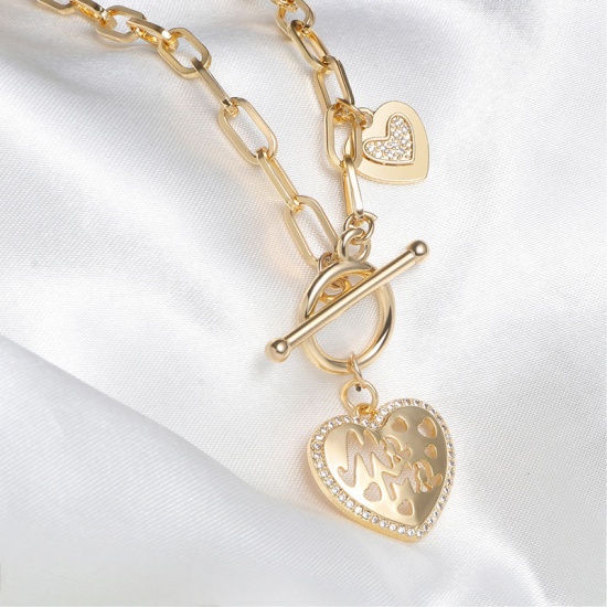 Picture of 1 Piece Eco-friendly Vacuum Plating Stylish Valentine's Day 18K Real Gold Plated Copper & Rhinestone Paperclip Chain Heart Message " Mama " Hollow Pendant Necklace For Women Mother's Day 51cm(20 1/8") long