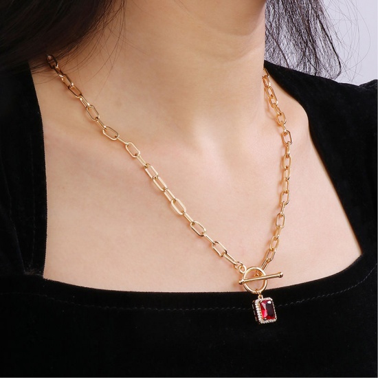 Picture of 1 Piece Eco-friendly Vacuum Plating Stylish Mother's Day 18K Real Gold Plated Red Copper & Cubic Zirconia Paperclip Chain Rectangle Pendant Necklace For Women Mother's Day 51cm(20 1/8") long