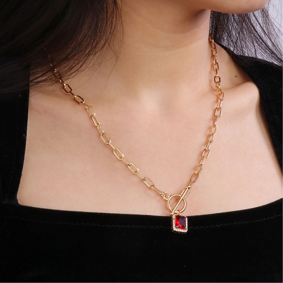 Picture of 1 Piece Eco-friendly Vacuum Plating Stylish Mother's Day 18K Real Gold Plated Red Copper & Cubic Zirconia Paperclip Chain Rectangle Pendant Necklace For Women Mother's Day 51cm(20 1/8") long