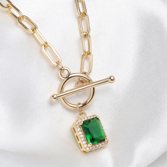 Picture of 1 Piece Eco-friendly Vacuum Plating Stylish Mother's Day 18K Real Gold Plated Green Copper & Cubic Zirconia Paperclip Chain Rectangle Pendant Necklace For Women Mother's Day 51cm(20 1/8") long