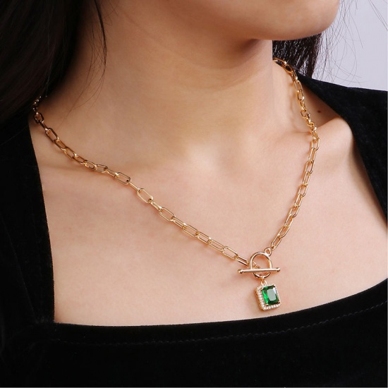 Picture of 1 Piece Eco-friendly Vacuum Plating Stylish Mother's Day 18K Real Gold Plated Green Copper & Cubic Zirconia Paperclip Chain Rectangle Pendant Necklace For Women Mother's Day 51cm(20 1/8") long