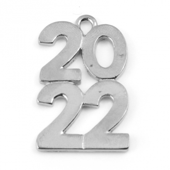 Picture of Zinc Based Alloy Year Charms Silver Tone Message " 2020 " 27mm x 17mm, 10 PCs