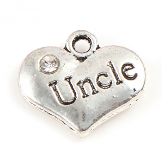 Picture of Zinc Based Alloy Family Jewelry Charms Heart Antique Silver Color Message " Uncle " Clear Rhinestone 15mm x 13mm, 10 PCs